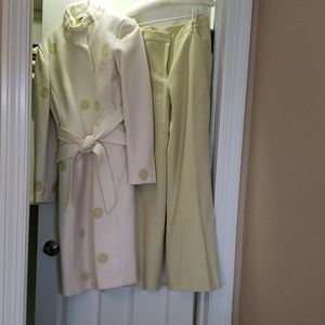 Pant suit. Cream and lime green.